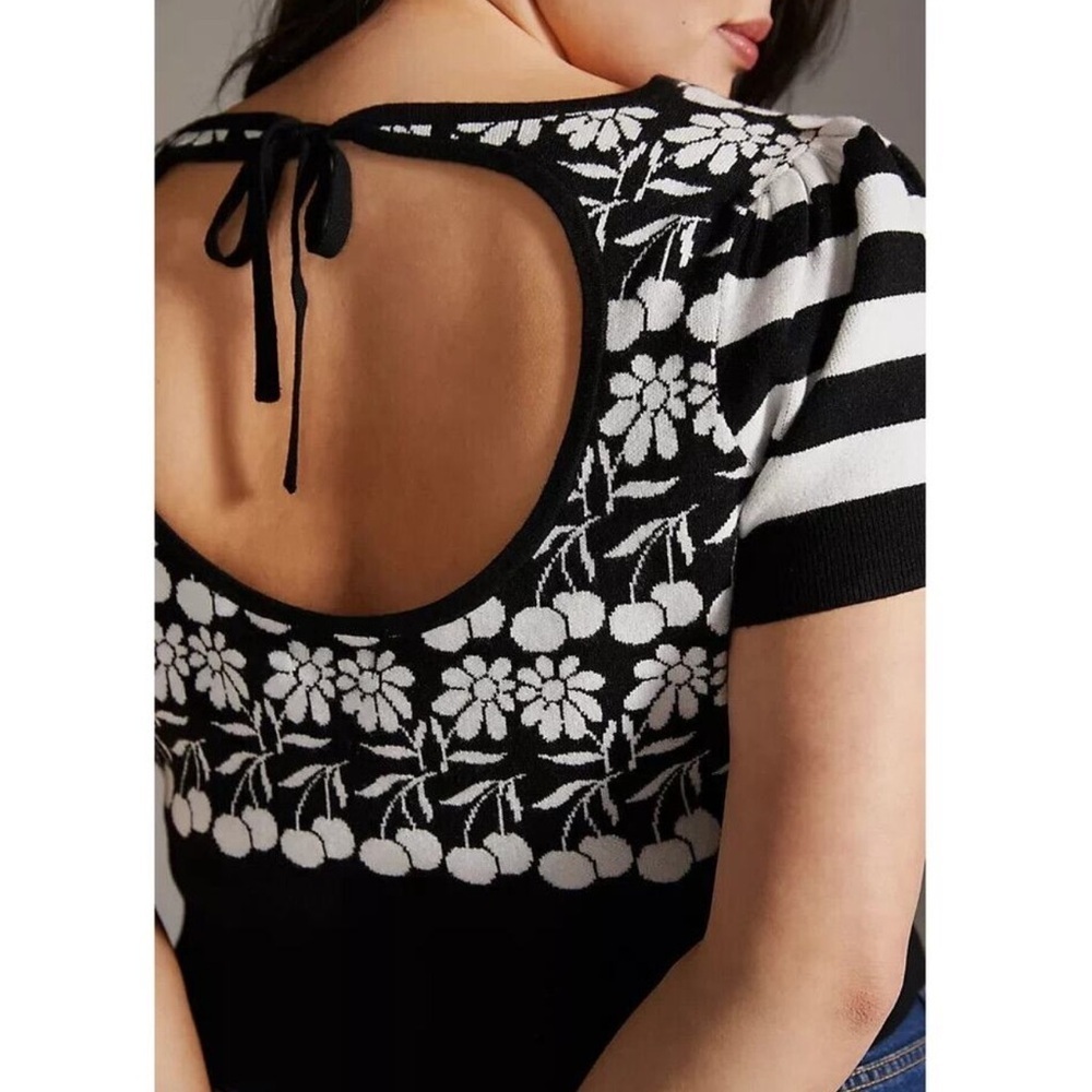 Anthropologie Maeve Trixie Floral Cherry Crop Sweater Black White